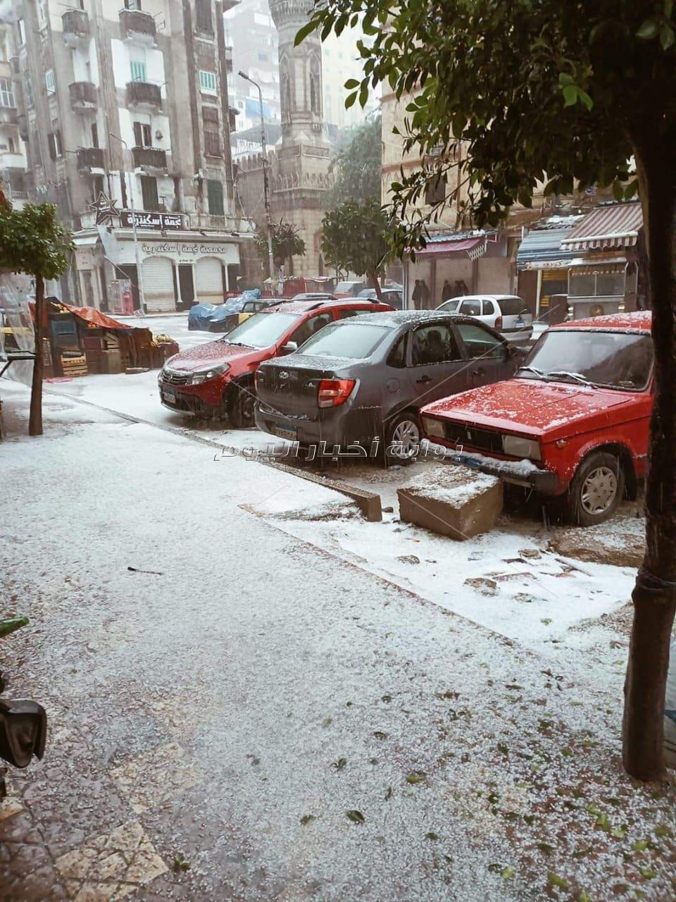 مشهد نادر.. الثلوج تكسو شوارع الإسكندرية