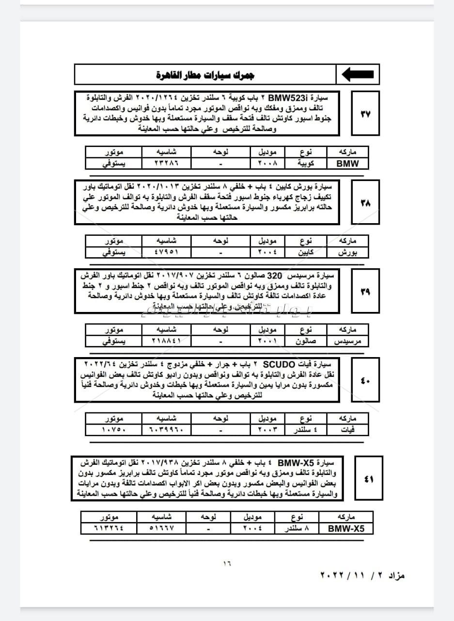 تفاصيل جلسة مزاد 2 نوفمبر 2022 للسيارات المخزنة بساحة جمارك مطار القاهرة 