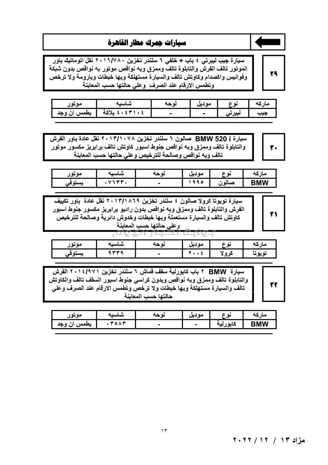 تفاصيل جلسة مزاد للسيارات المخزنة بساحة جمارك مطار القاهرة