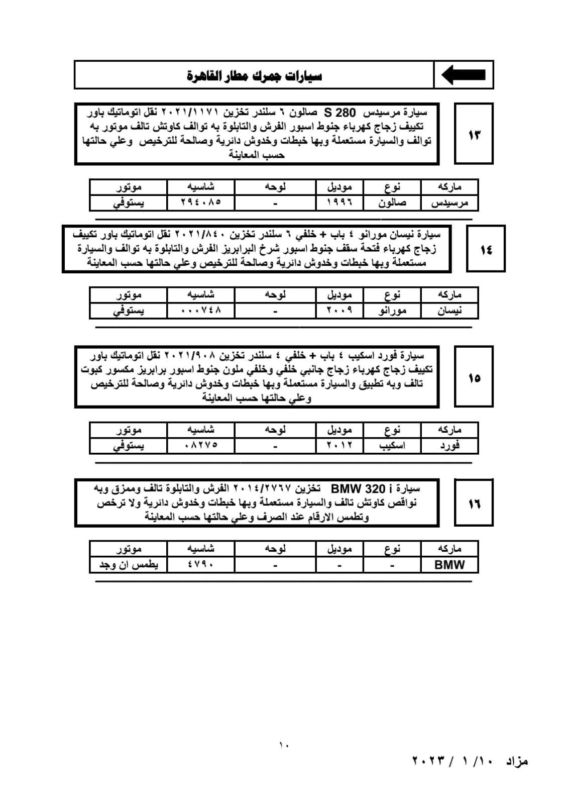 تفاصيل جلسة مزاد 10 يناير 2023 للسيارات المخزنة بساحة جمارك مطار القاهرة 