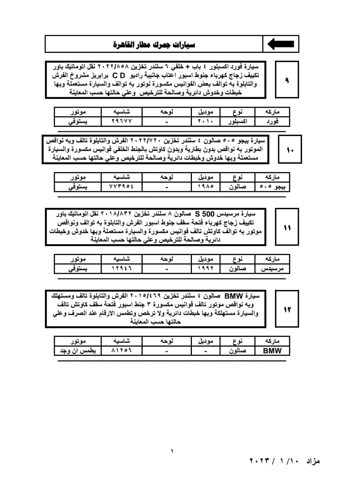 تفاصيل جلسة مزاد 10 يناير 2023 للسيارات المخزنة بساحة جمارك مطار القاهرة 