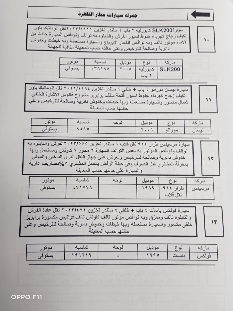 تفاصيل جلسة مزاد 19 ديسمبر 2023 للسيارات المخزنة بساحة جمارك مطار القاهرة..صور 