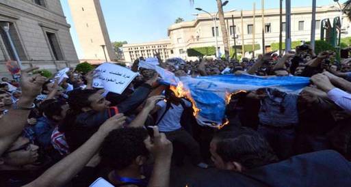 قبل وصول أردوغان..طلاب جامعة القاهرة يحرقون العلم الإسرائيلي 