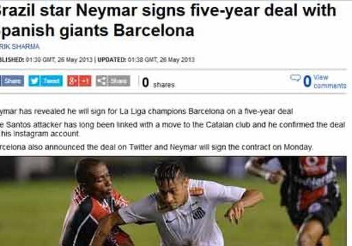 "نيمار" يوقع عقدًا مع برشلونة لخمس سنوات "صحيفة الديلي ميل"