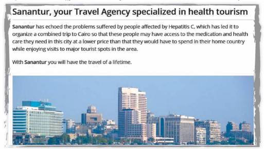 صورة للإعلان على موقع الشركة على شبكة الإنترنت لترويج خدمة العلاج السياحى فى مصر