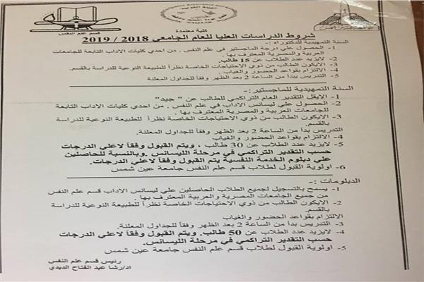 مستند لشروط الالتحاق بالدراسات العليا بكلية الاداب جامعة عين شمس