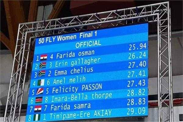فريدة عثمان تحصد ذهبية ٥٠ متر فراشة وتحقق رقما افريقيا جديدا