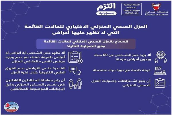 البحرين تبدأ تطبيق "العزل المنزلي الاختياري" لمصابي كورونا يوم الأحد