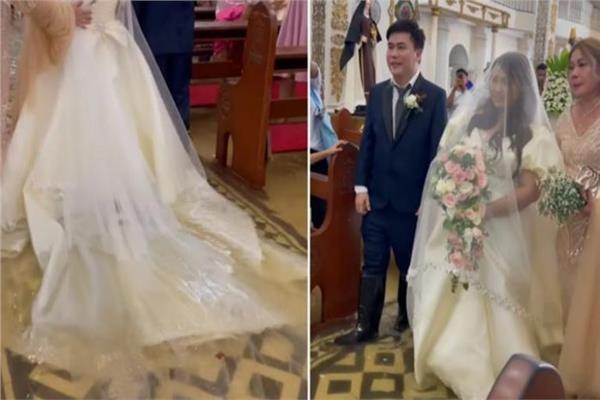 عروس تتحدى الإعصار وتحتفل بزفافها في كنيسة غارقة