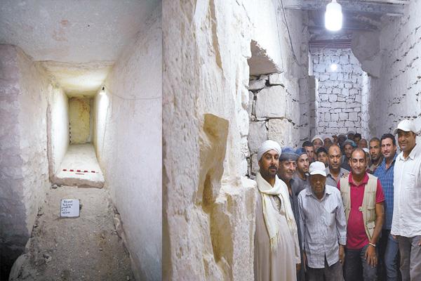 عدد من أعضاء البعثة الأثرية المصرية الألمانية داخل هرم ساحورع