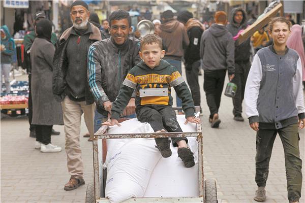 فلسطينى يدفع عربة محملة بأكياس الدقيق التى حصل عليها من الأونروا فى رفح جنوب قطاع غزة