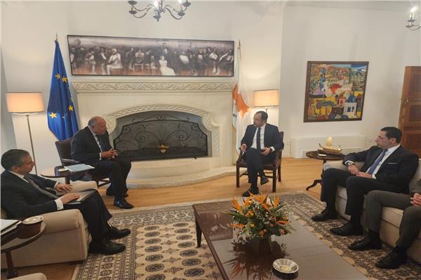 وزير الخارجية سامح شكري خلال لقاءه بالرئيس القبرصي نيكوس خريستودوليدس