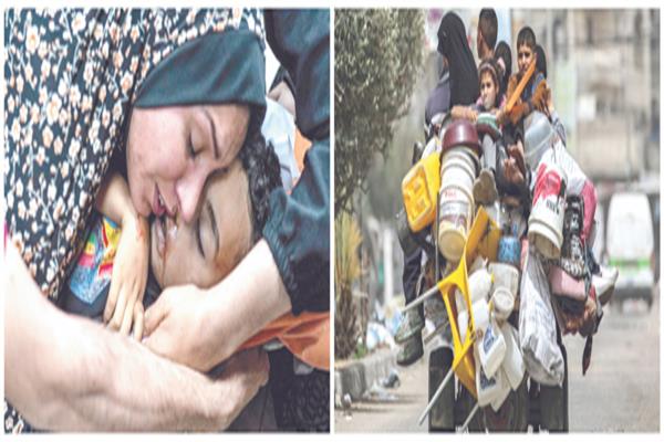 فلسطينيون يحملون أغراضهم للنزوح من رفح ، فلسطينية تبكى على فقدان طفلها خلال القصف الإسرائيلى