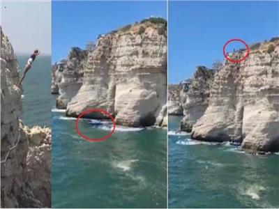 شاب يقفز من أعلى صخرة «الروشة» ليسقط على زورق | فيديو