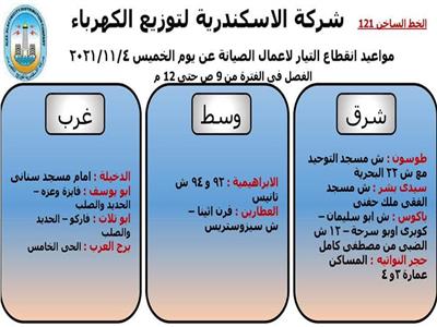 فصل التيار الكهربائي عن 10 مناطق بالإسكندرية اليوم لأعمال الصيانة