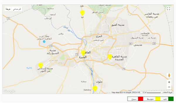 حريطة بنتائج التنبؤ بنوعية الهواء في القاهرة اليوم