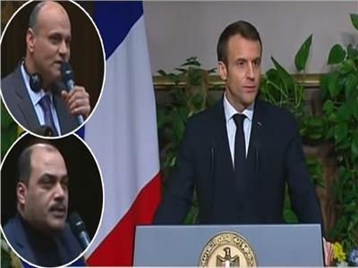 الرئيس الفرنسي إيمانويل ماكرون وفي الإطار خالد ميري ومحمد الباز