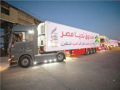 جانب من قافلة مساعدات صندوق «تحيا مصر» لقطاع غزة