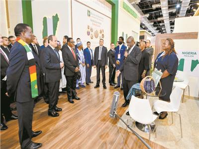الرئيس عبدالفتاح السيسى يستمع إلى شرح عما يقدمه جناح البنك الأفريقى للتصدير والاستيراد