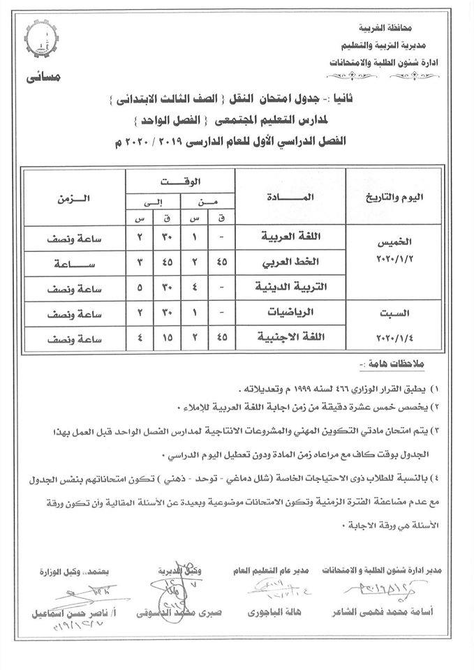 جداول امتحانات منتصف العام للصفوف المرحلة الإعدادية عام ومهني