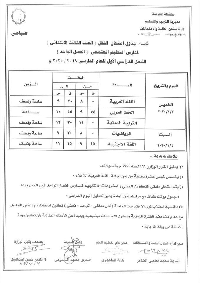 جداول امتحانات منتصف العام للصفوف المرحلة الإعدادية عام ومهني