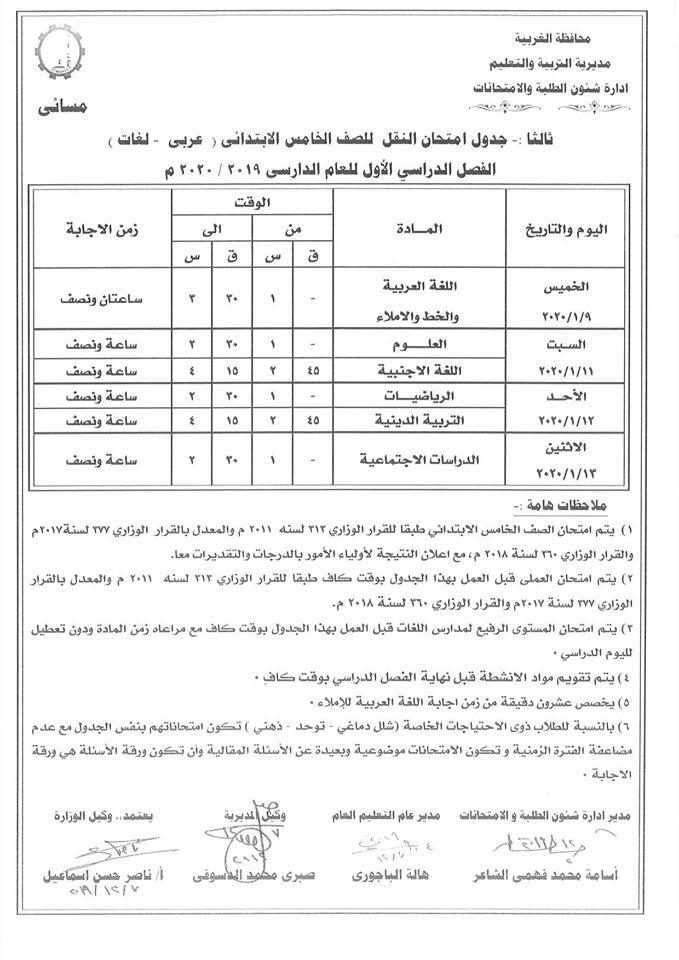 جداول امتحانات منتصف العام للصفوف المرحلة الإعدادية عام ومهني