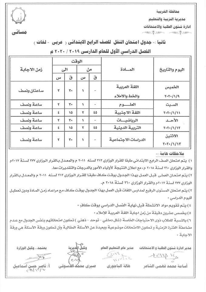 جداول امتحانات منتصف العام للصفوف المرحلة الإعدادية عام ومهني