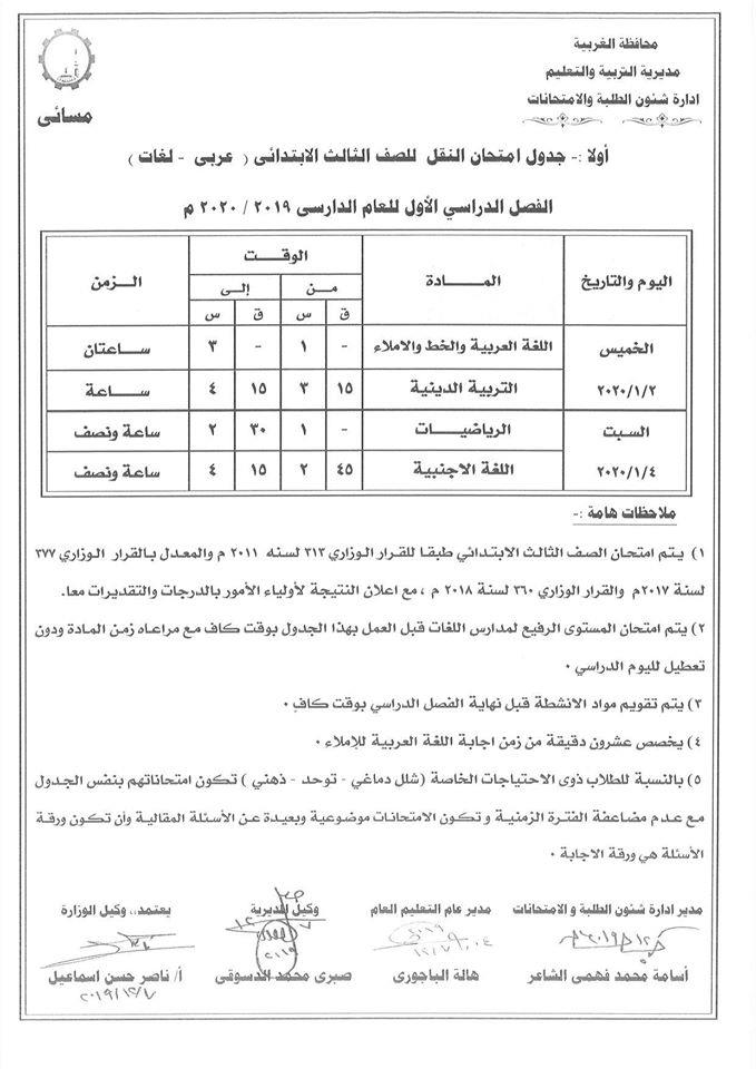 جداول امتحانات منتصف العام للصفوف المرحلة الإعدادية عام ومهني