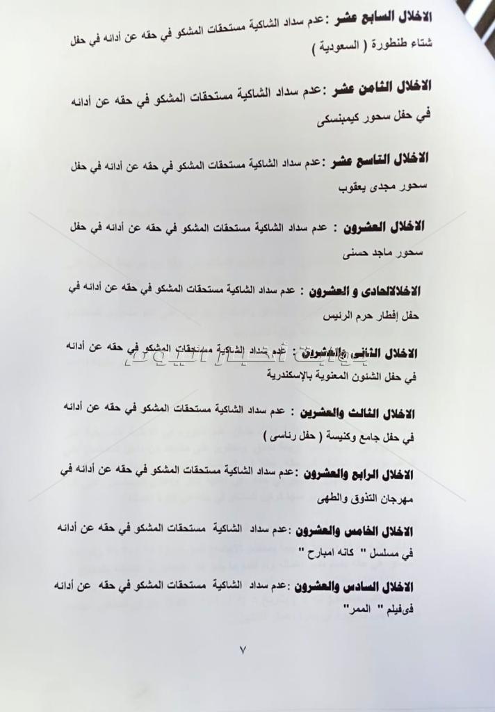 بالمستندات محامي الشرنوبي يرصد لنقابة الموسيقيين 43 اخلال لسارة الطباخ