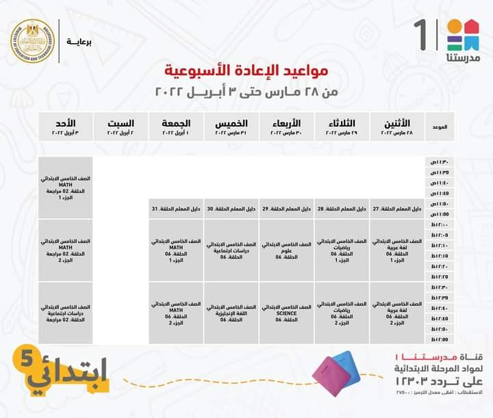  مدرستنا 1 تعلن جداول شرح دروس المواد التعليمية للصف الخامس الابتدائي
