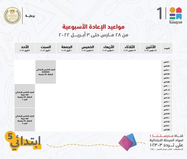  مدرستنا 1 تعلن جداول شرح دروس المواد التعليمية للصف الخامس الابتدائي