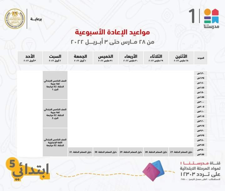  مدرستنا 1 تعلن جداول شرح دروس المواد التعليمية للصف الخامس الابتدائي
