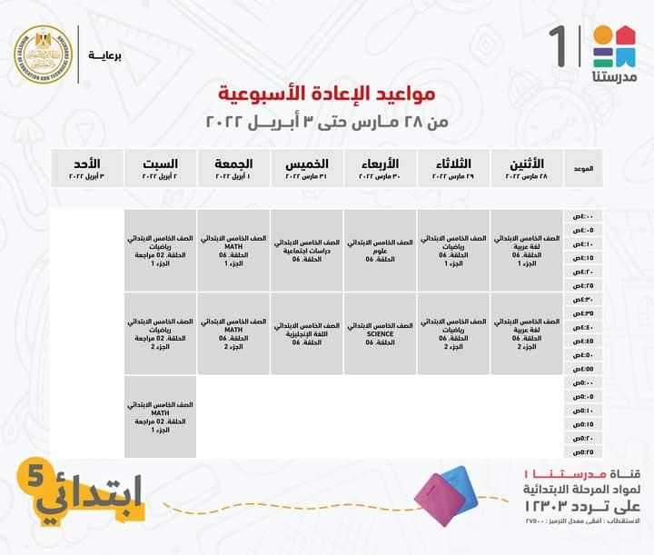  مدرستنا 1 تعلن جداول شرح دروس المواد التعليمية للصف الخامس الابتدائي