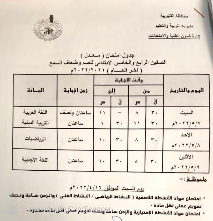 ننشر جدول امتحانات اخر الصفوف الخامس والسادس الإبتدائي بالقليوبية