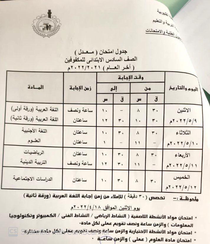 ننشر جدول امتحانات اخر الصفوف الخامس والسادس الإبتدائي بالقليوبية