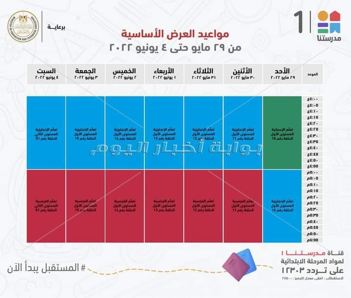 التعليم تعلن مواعيد عرض البرامج التعليمية على قناة " مدرستنا" للمرحلتين الابتدائية والاعدادية