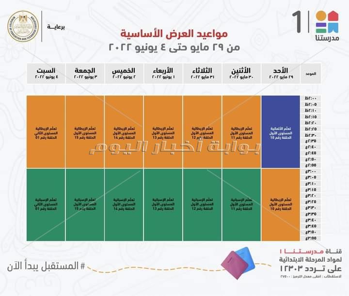 التعليم تعلن مواعيد عرض البرامج التعليمية على قناة " مدرستنا" للمرحلتين الابتدائية والاعدادية
