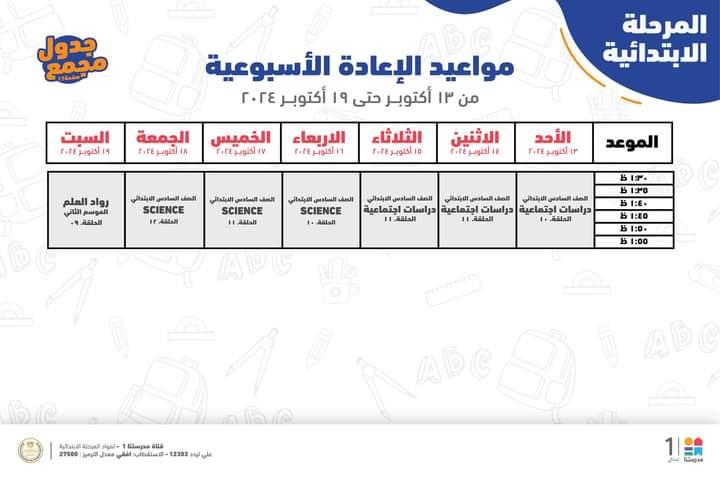  مواعيد البرامج التعليمية لطلاب الصف الرابع والخامس والسادس الابتدائي 