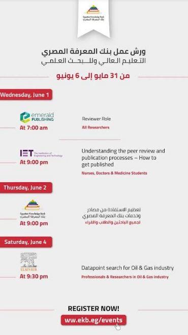 وزيرالتعليم يعلن الجدول الاسبوعي لورش عمل بنك المعرفة المصري المجانية حتي 6 يونيو