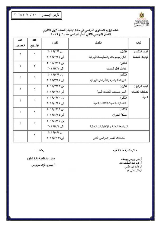 توزيع مناهج العلوم للفصل الدراسي الثاني