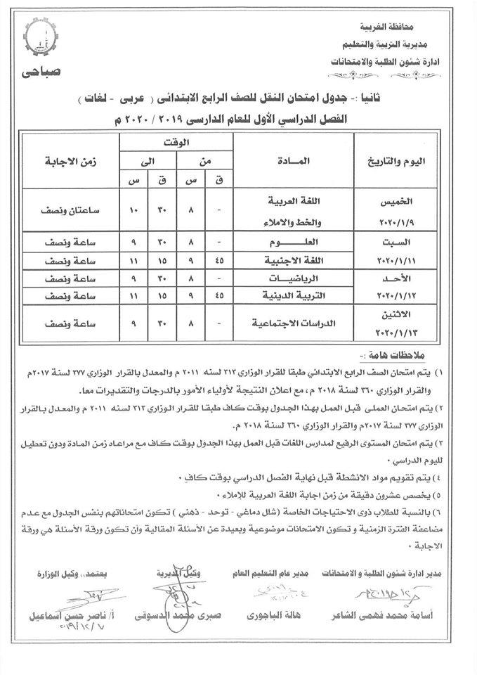 جداول امتحانات منتصف العام للصفوف المرحلة الإعدادية عام ومهني