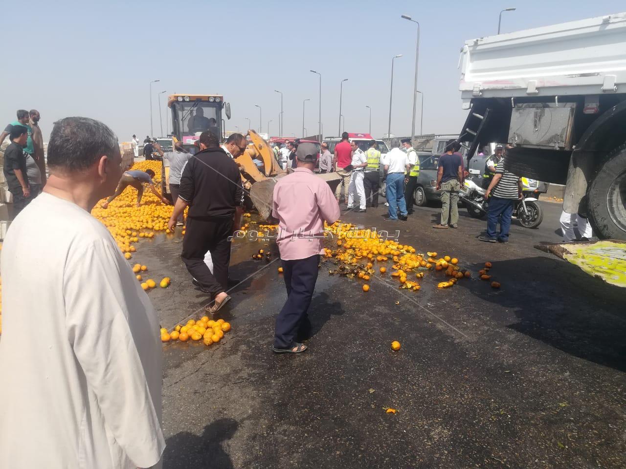 رفع أثار حادث انقلاب «سيارة فاكهة» من الطريق الزراعي بالقليوبية