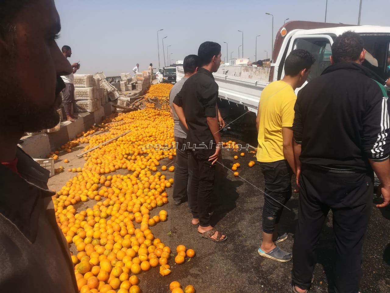 رفع أثار حادث انقلاب «سيارة فاكهة» من الطريق الزراعي بالقليوبية