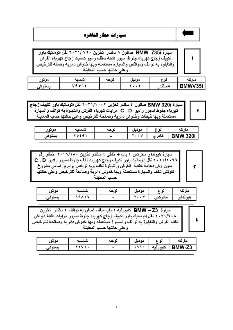 تفاصيل جلسة مزاد 2021/12/28 للسيارات المخزنة بساحة جمارك مطار القاهرة 