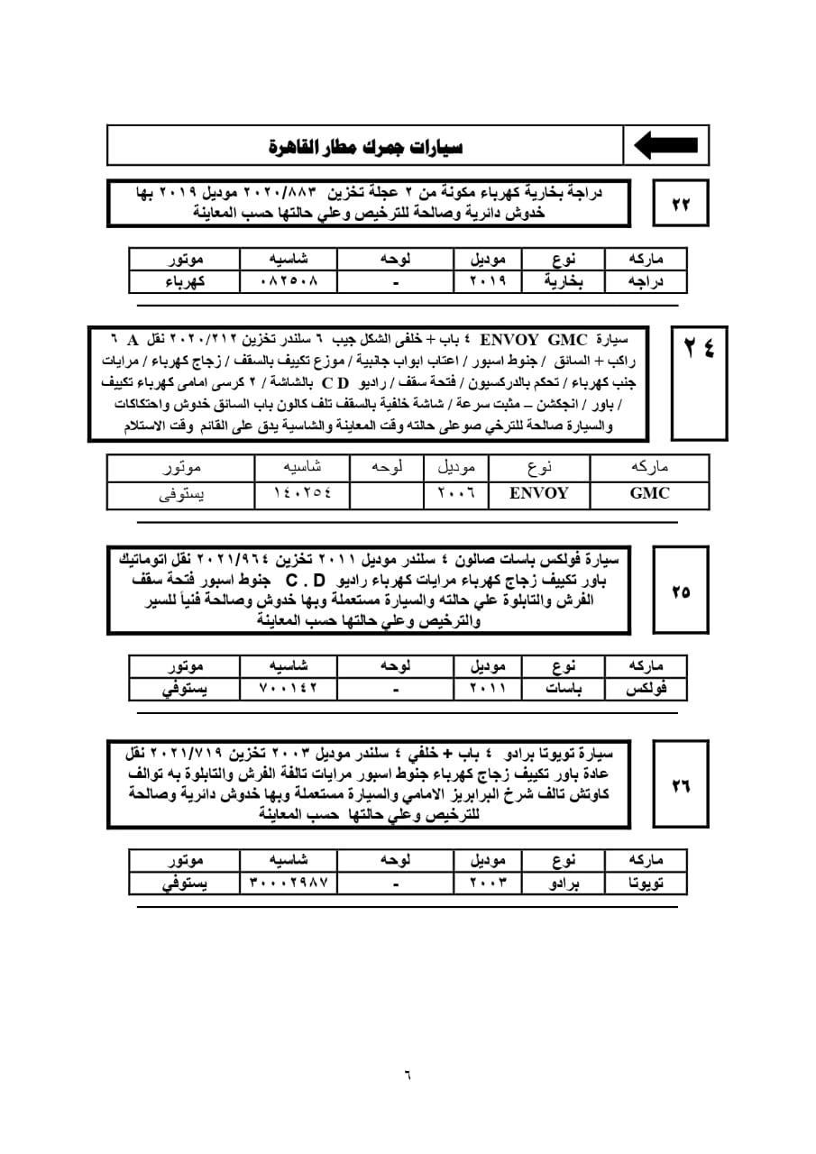 تفاصيل جلسة مزاد 2021/12/28 للسيارات المخزنة بساحة جمارك مطار القاهرة 