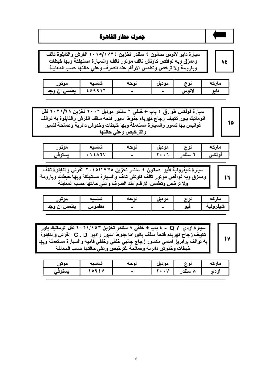 تفاصيل جلسة مزاد 2021/12/28 للسيارات المخزنة بساحة جمارك مطار القاهرة 