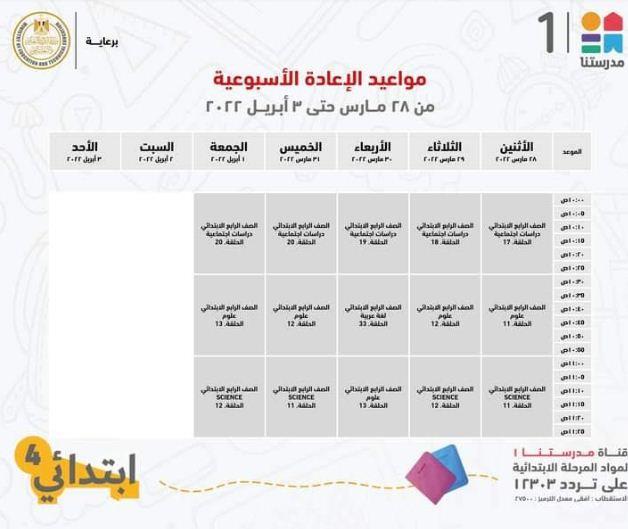 في اسبوع .. مدرستنا 1 تعلن جداول شرح دروس المواد التعليمية للصف الرابع الابتدائي