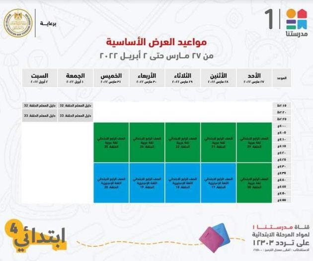 في اسبوع .. مدرستنا 1 تعلن جداول شرح دروس المواد التعليمية للصف الرابع الابتدائي