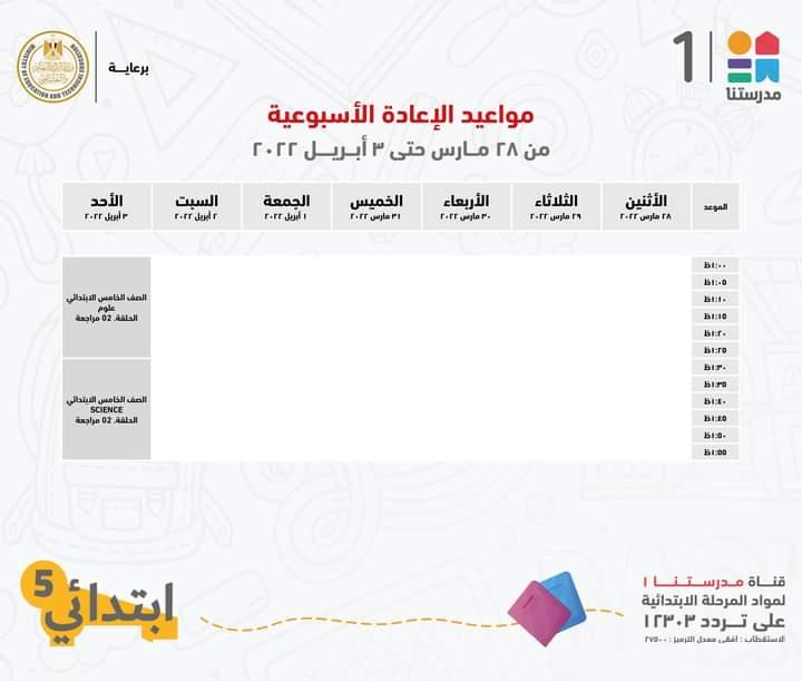  مدرستنا 1 تعلن جداول شرح دروس المواد التعليمية للصف الخامس الابتدائي