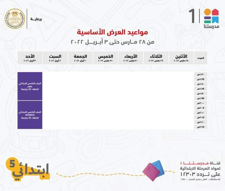  مدرستنا 1 تعلن جداول شرح دروس المواد التعليمية للصف الخامس الابتدائي